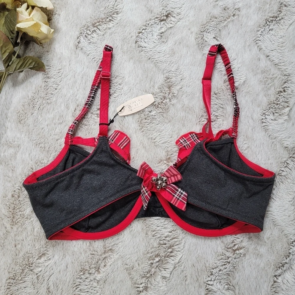Victoria's Secret Gray Red Plaid Trim Bells Accent Unlined Demi Bra NWT Size 36D